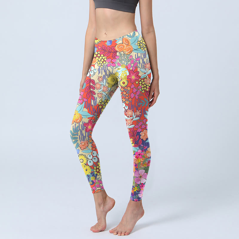 Leggings de fitness et de gym imprimés de Buddha Stones et de fleurs colorées et de feuilles pour femmes - Violet pâle Rouge - US18，UK/AU22，EU50 (4XL) - image 1