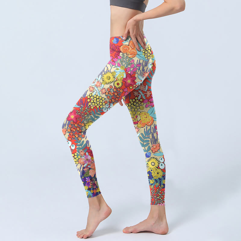 Leggings de fitness et de gym imprimés de Buddha Stones et de fleurs colorées et de feuilles pour femmes - image 2