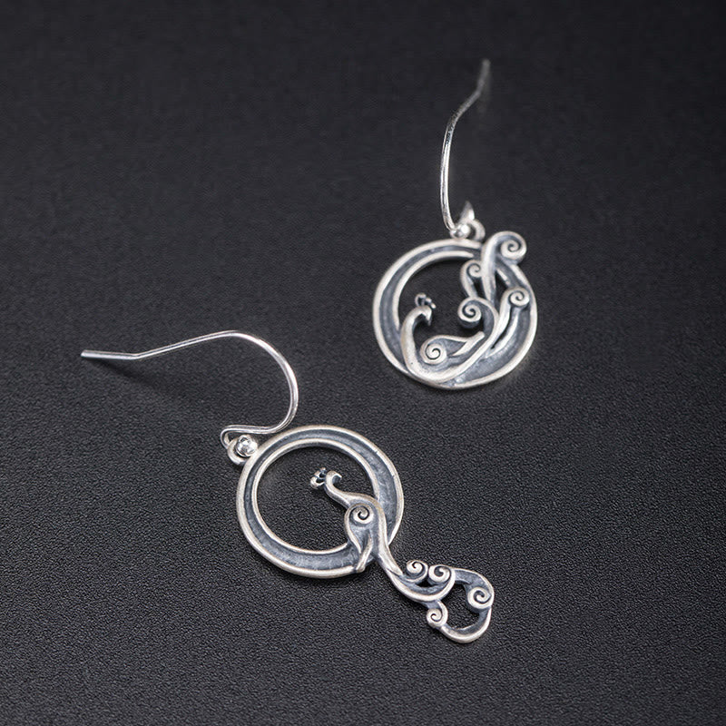 Boucles d'oreilles rondes asymétriques en argent sterling 925 avec Buddha Stones et motif paon porte-bonheur - image 1