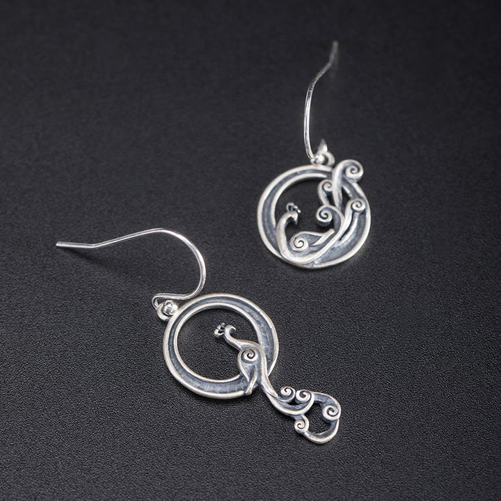 Boucles d'oreilles rondes asymétriques en argent sterling 925 avec Buddha Stones et motif paon porte-bonheur - image 1