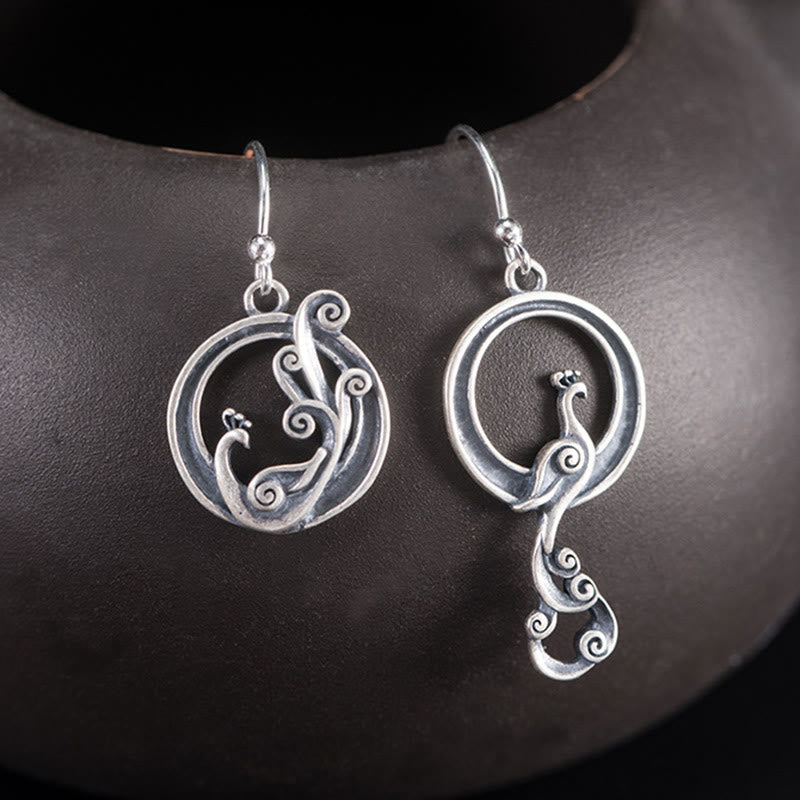 Boucles d'oreilles rondes asymétriques en argent sterling 925 avec Buddha Stones et motif paon porte-bonheur - Argent sterling 925 - image 0