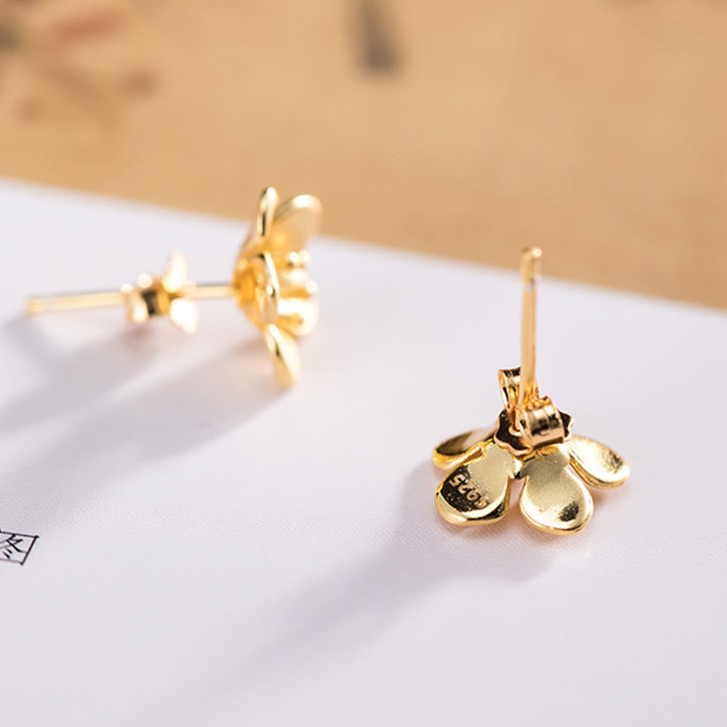 Boucles d'oreilles en argent sterling 925 avec Buddha Stones et fleur de pêcher dorée