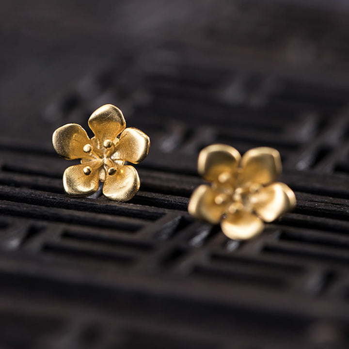 Boucles d'oreilles en argent sterling 925 avec Buddha Stones et fleur de pêcher dorée