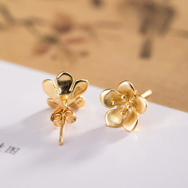 Boucles d'oreilles en argent sterling 925 avec Buddha Stones et fleur de pêcher dorée