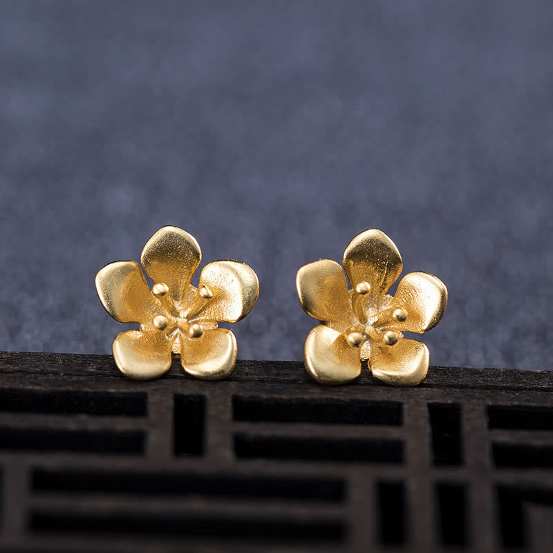 Boucles d'oreilles en argent sterling 925 avec Buddha Stones et fleur de pêcher dorée