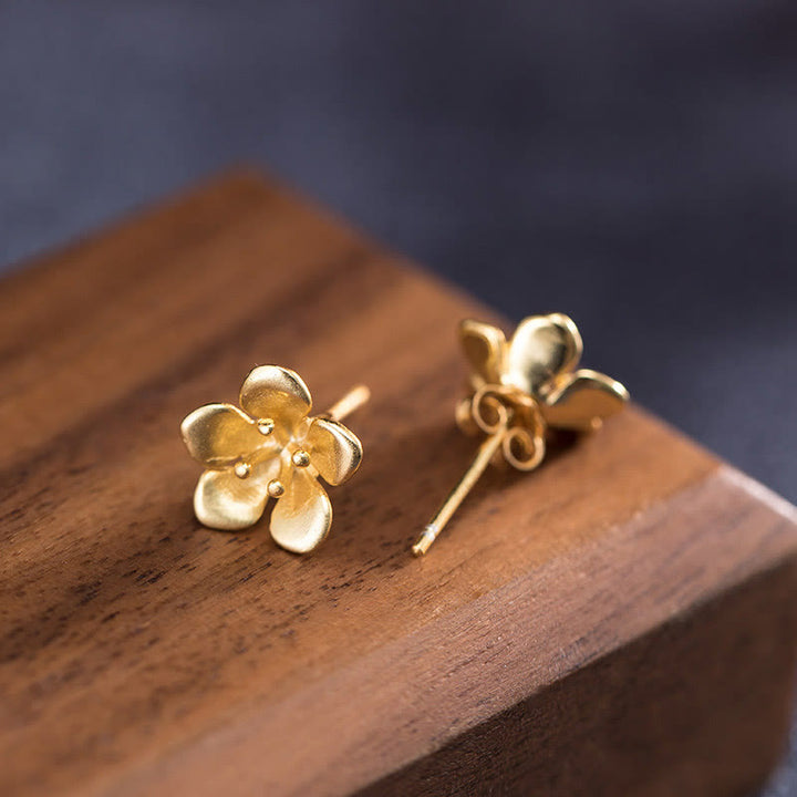 Boucles d'oreilles en argent sterling 925 avec Buddha Stones et fleur de pêcher dorée