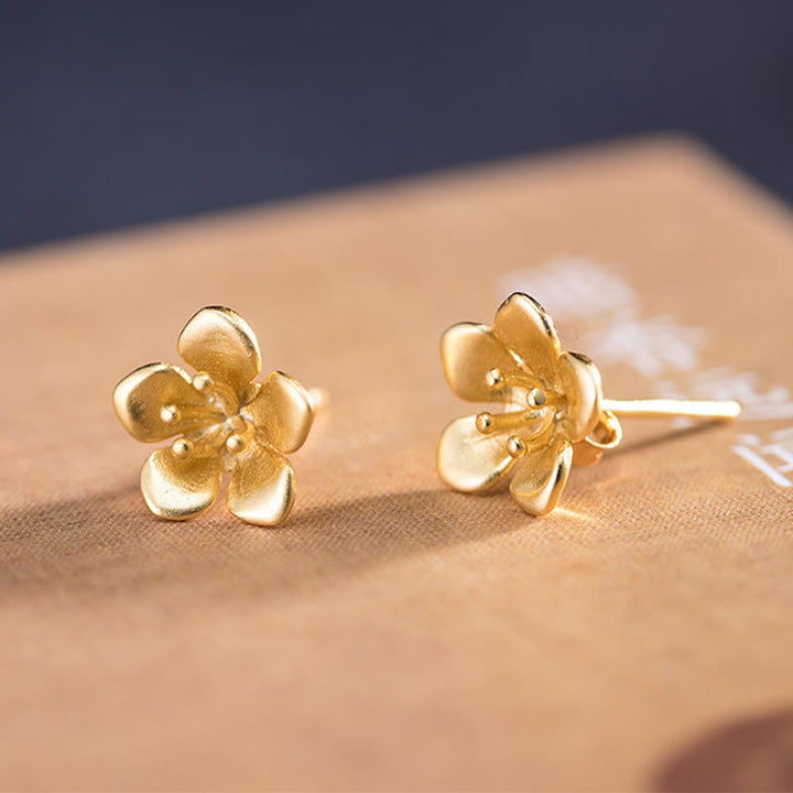 Boucles d'oreilles en argent sterling 925 avec Buddha Stones et fleur de pêcher dorée