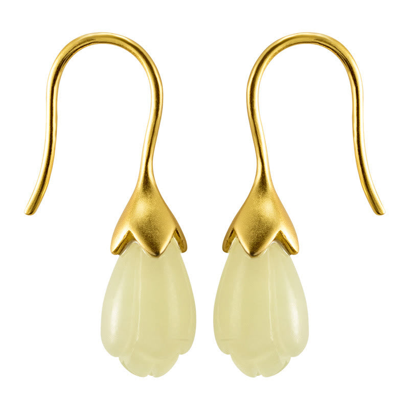 Buddha Stones d'oreilles pendantes en argent sterling 925 avec jade Hetian et magnolia