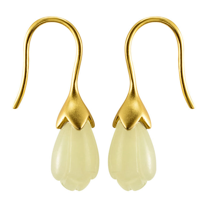 Buddha Stones d'oreilles pendantes en argent sterling 925 avec jade Hetian et magnolia