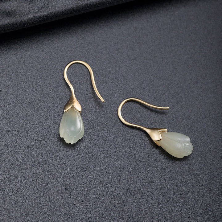 Buddha Stones d'oreilles pendantes en argent sterling 925 avec jade Hetian et magnolia