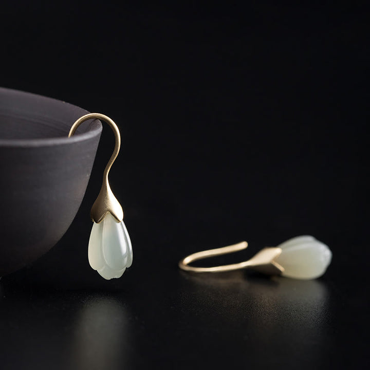 Buddha Stones d'oreilles pendantes en argent sterling 925 avec jade Hetian et magnolia