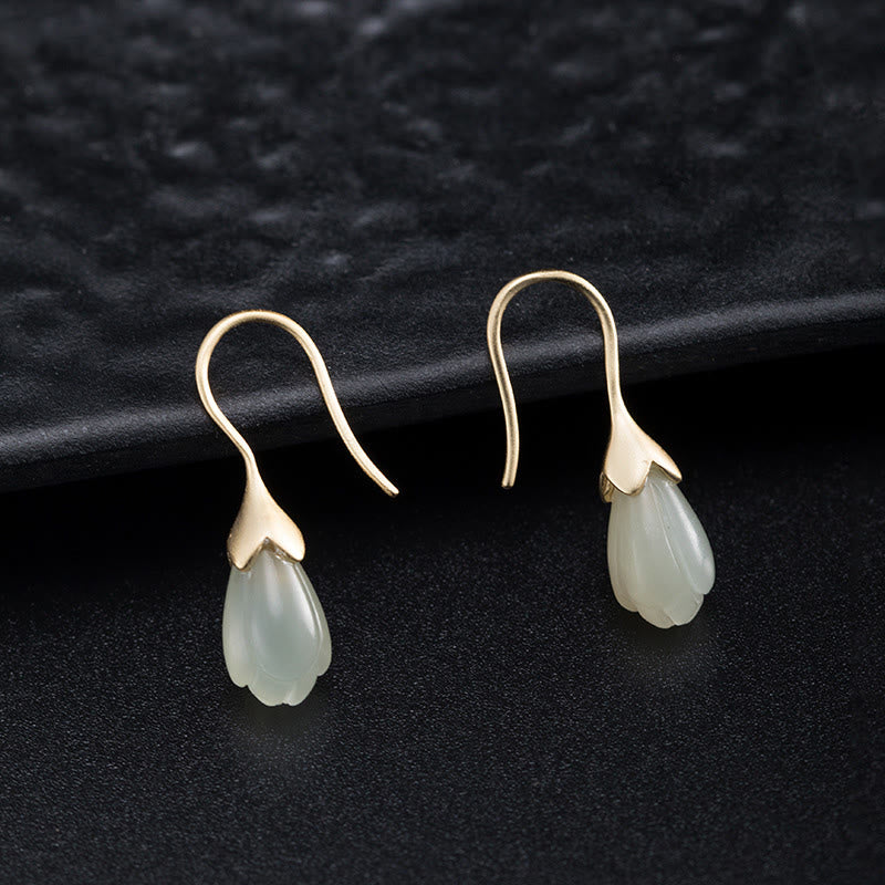 Buddha Stones d'oreilles pendantes en argent sterling 925 avec jade Hetian et magnolia