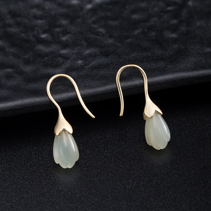 Buddha Stones d'oreilles pendantes en argent sterling 925 avec jade Hetian et magnolia