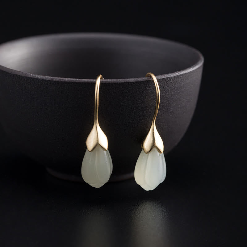 Buddha Stones d'oreilles pendantes en argent sterling 925 avec jade Hetian et magnolia