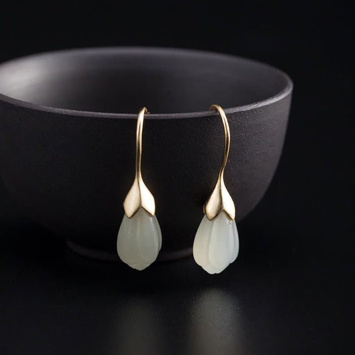 Buddha Stones d'oreilles pendantes en argent sterling 925 avec jade Hetian et magnolia
