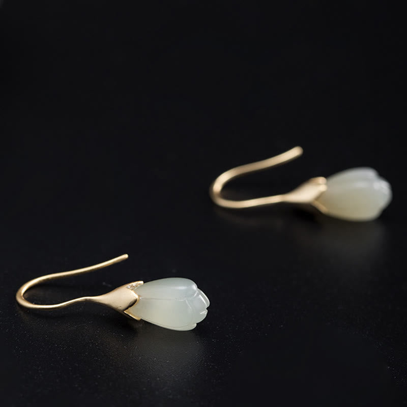Buddha Stones d'oreilles pendantes en argent sterling 925 avec jade Hetian et magnolia