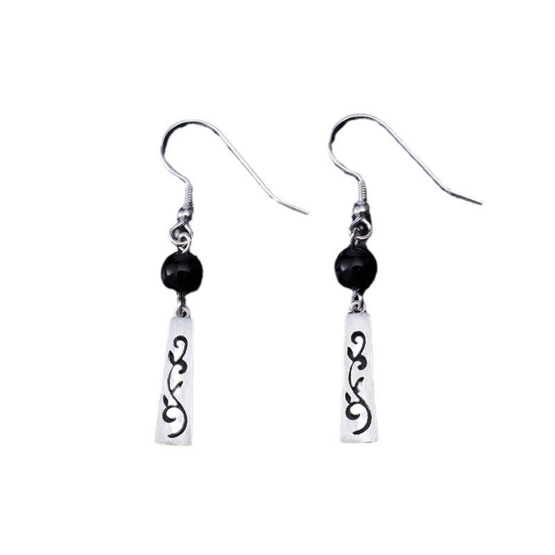 Buddha Stones Boucles d'oreilles pendantes en argent sterling 925 avec onyx noir et vigne creuse