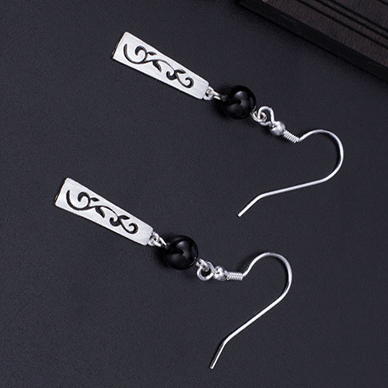 Buddha Stones Boucles d'oreilles pendantes en argent sterling 925 avec onyx noir et vigne creuse