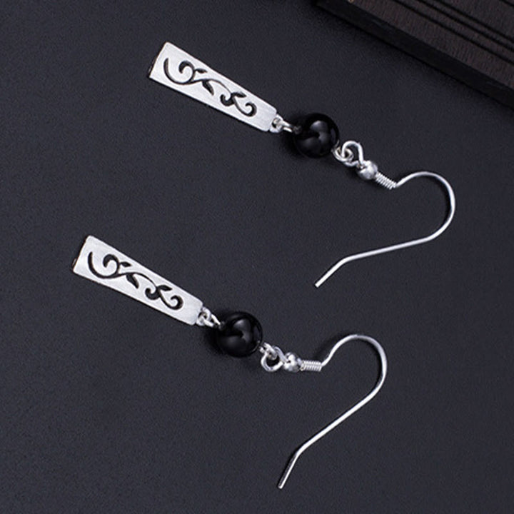 Buddha Stones Boucles d'oreilles pendantes en argent sterling 925 avec onyx noir et vigne creuse