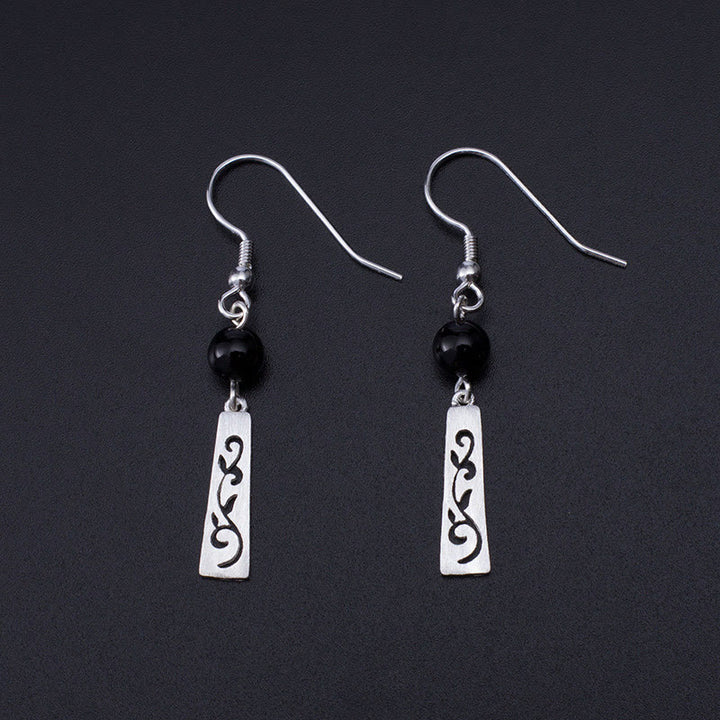 Buddha Stones Boucles d'oreilles pendantes en argent sterling 925 avec onyx noir et vigne creuse