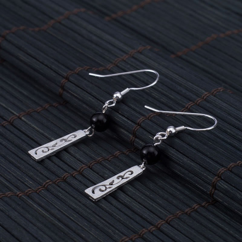 Buddha Stones Boucles d'oreilles pendantes en argent sterling 925 avec onyx noir et vigne creuse