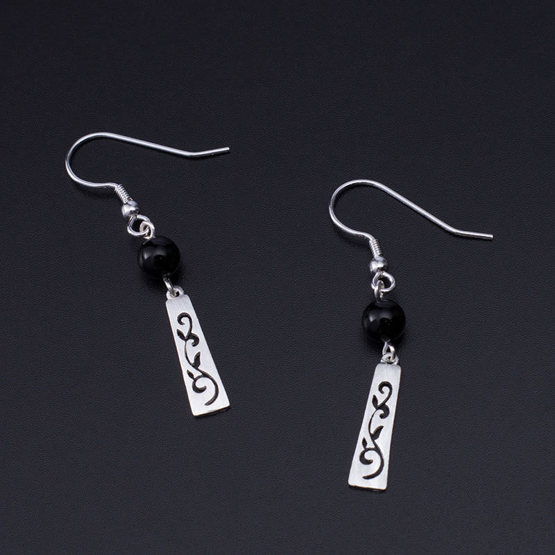 Buddha Stones Boucles d'oreilles pendantes en argent sterling 925 avec onyx noir et vigne creuse