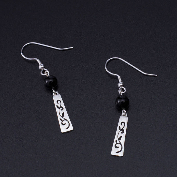 Buddha Stones Boucles d'oreilles pendantes en argent sterling 925 avec onyx noir et vigne creuse