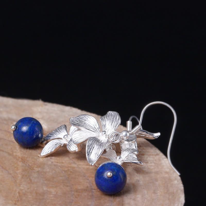 Boucles d'oreilles Buddha Stones en argent sterling 925, lazurite et lapis-lazuli, style ethnique, ornées de fleurs et de symboles positifs. - image 3