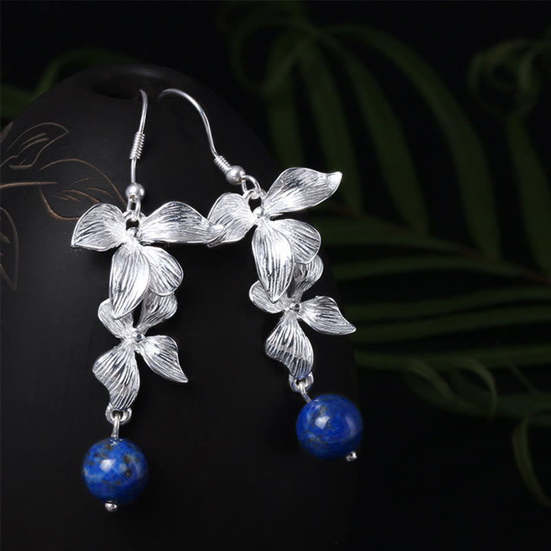 Boucles d'oreilles Buddha Stones en argent sterling 925, lazurite et lapis-lazuli, style ethnique, ornées de fleurs et de symboles positifs. - Argent sterling 925 - image 0