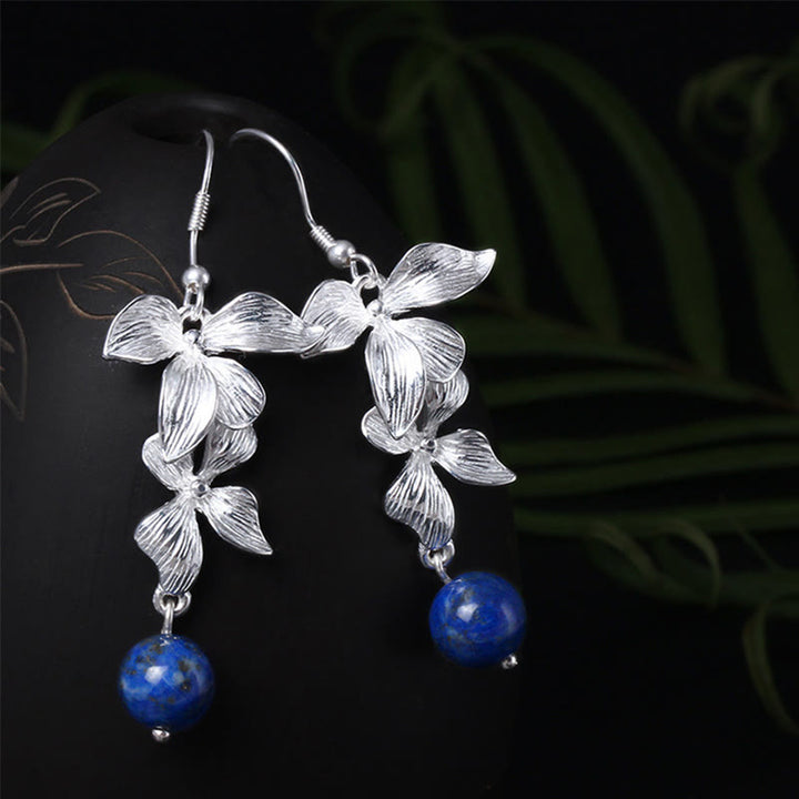 Boucles d'oreilles Buddha Stones en argent sterling 925, lazurite et lapis-lazuli, style ethnique, ornées de fleurs et de symboles positifs. - Argent sterling 925 - image 0