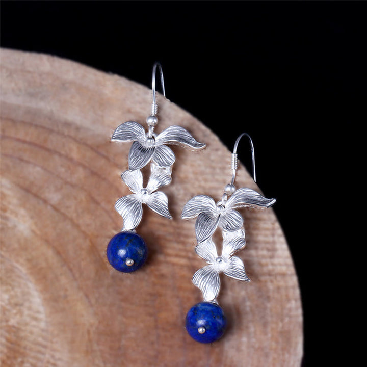 Boucles d'oreilles Buddha Stones en argent sterling 925, lazurite et lapis-lazuli, style ethnique, ornées de fleurs et de symboles positifs. - image 2