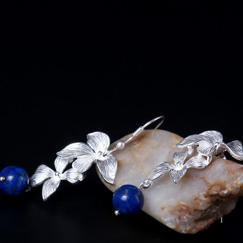 Boucles d'oreilles Buddha Stones en argent sterling 925, lazurite et lapis-lazuli, style ethnique, ornées de fleurs et de symboles positifs. - image 1