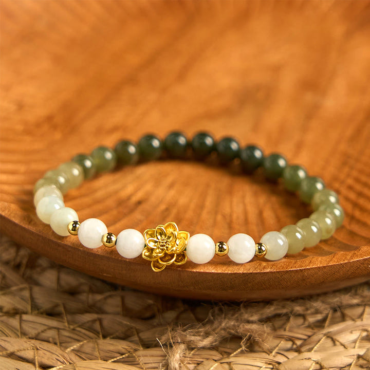 Bracelet d'abondance de lotus dégradé en jade naturel Hetian Buddha Stones