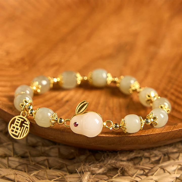Bracelet d'abondance de lapin de marque Fu de caractère Fu de jade naturel de Hetian de Buddha Stones