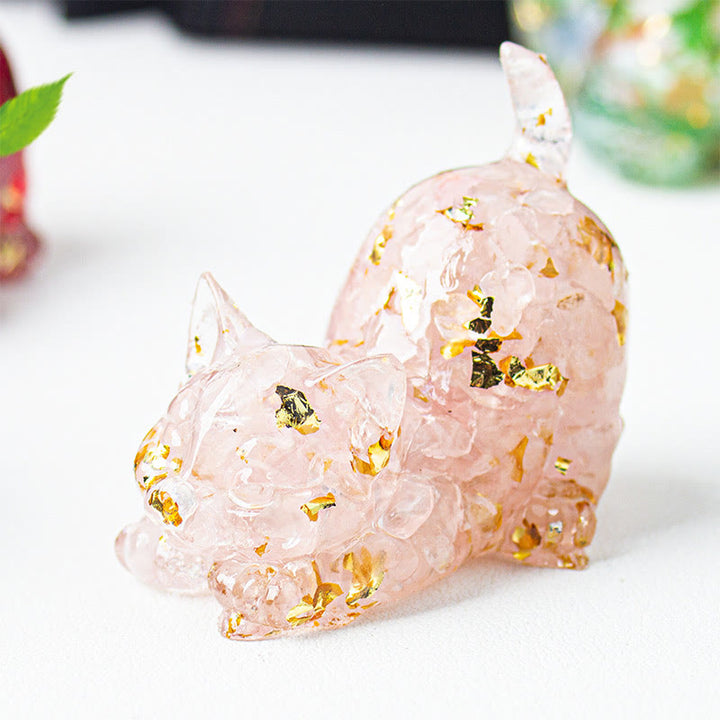 Buddha Stones Décoration de méditation en gravier de cristal et résine représentant un chat qui s'étire - Cristal rose - 4,5 x 3 x 4,2 cm - image 2