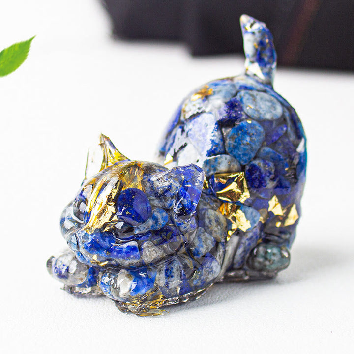 Buddha Stones Décoration de méditation en gravier de cristal et résine représentant un chat qui s'étire - Lapis-lazuli (lazurite) - 4,5 x 3 x 4,2 cm - image 6