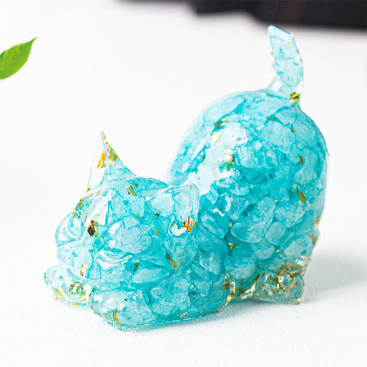 Buddha Stones Décoration de méditation en gravier de cristal et résine représentant un chat qui s'étire - Bleu vert - 4,5 x 3 x 4,2 cm - image 4