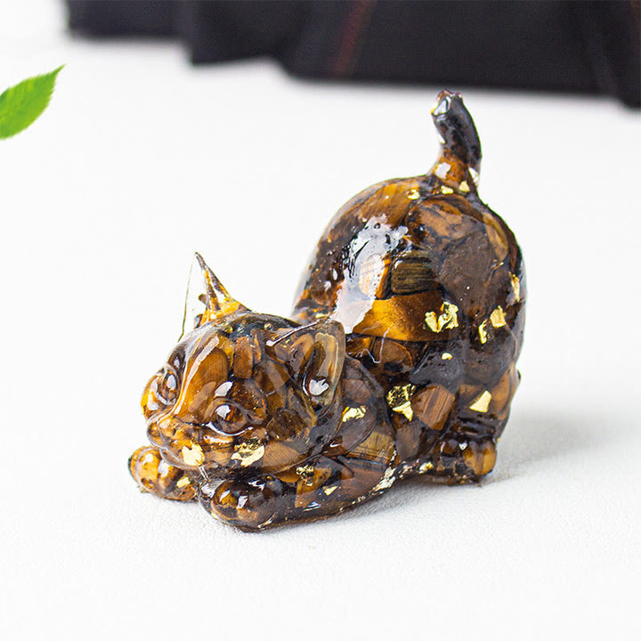 Buddha Stones Décoration de méditation en gravier de cristal et résine représentant un chat qui s'étire - Œil de tigre - 4,5 x 3 x 4,2 cm - image 10
