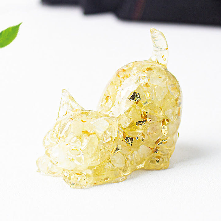 Buddha Stones Décoration de méditation en gravier de cristal et résine représentant un chat qui s'étire - Citrine claire - 4,5 x 3 x 4,2 cm - image 16