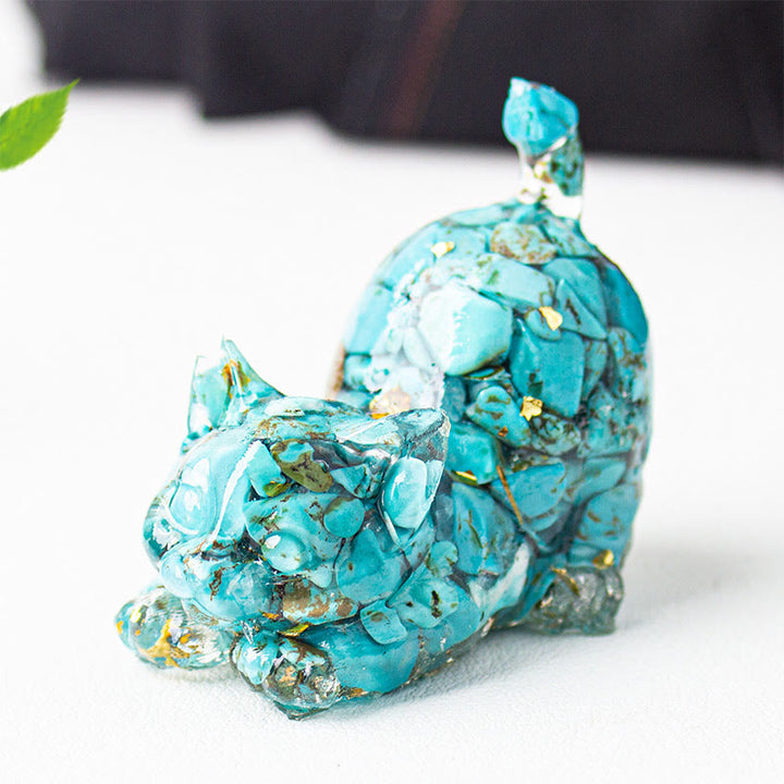 Buddha Stones Décoration de méditation en gravier de cristal et résine représentant un chat qui s'étire - Turquoise - 4,5 x 3 x 4,2 cm - image 8