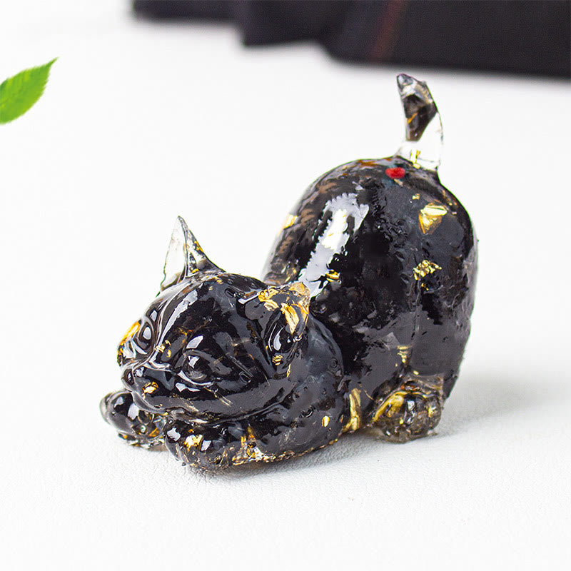 Buddha Stones Décoration de méditation en gravier de cristal et résine représentant un chat qui s'étire - Obsidienne noire - 4,5 x 3 x 4,2 cm - image 21