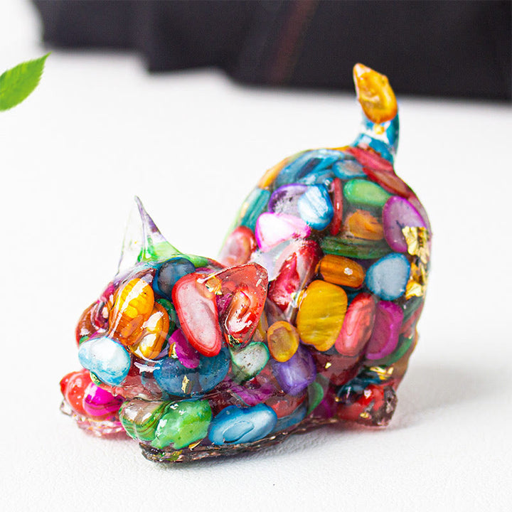 Buddha Stones Décoration de méditation en gravier de cristal et résine représentant un chat qui s'étire - Coquillage coloré - 4,5 x 3 x 4,2 cm - image 25