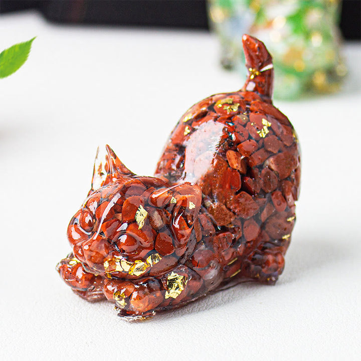 Buddha Stones Décoration de méditation en gravier de cristal et résine représentant un chat qui s'étire - Jaspe rouge - 4,5 x 3 x 4,2 cm - image 19