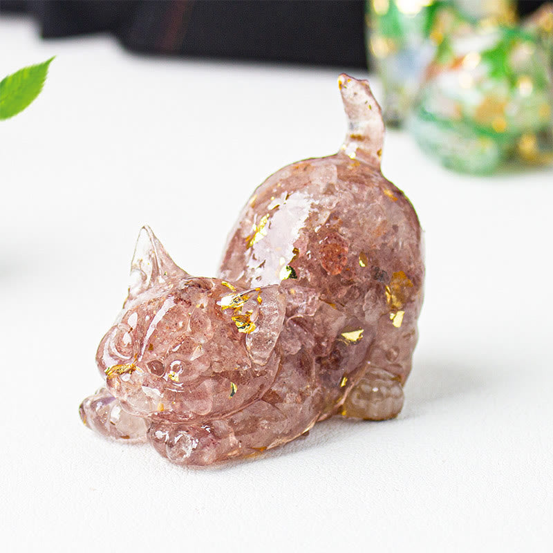Buddha Stones Décoration de méditation en gravier de cristal et résine représentant un chat qui s'étire - Quartz fraise - 4,5 x 3 x 4,2 cm - image 26