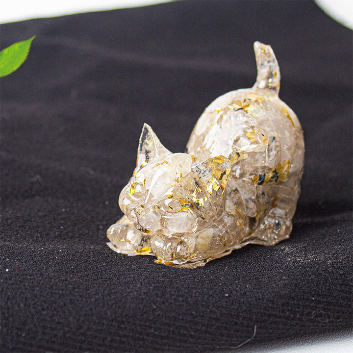 Buddha Stones Décoration de méditation en gravier de cristal et résine représentant un chat qui s'étire - Quartz rutile - 4,5 x 3 x 4,2 cm - image 32