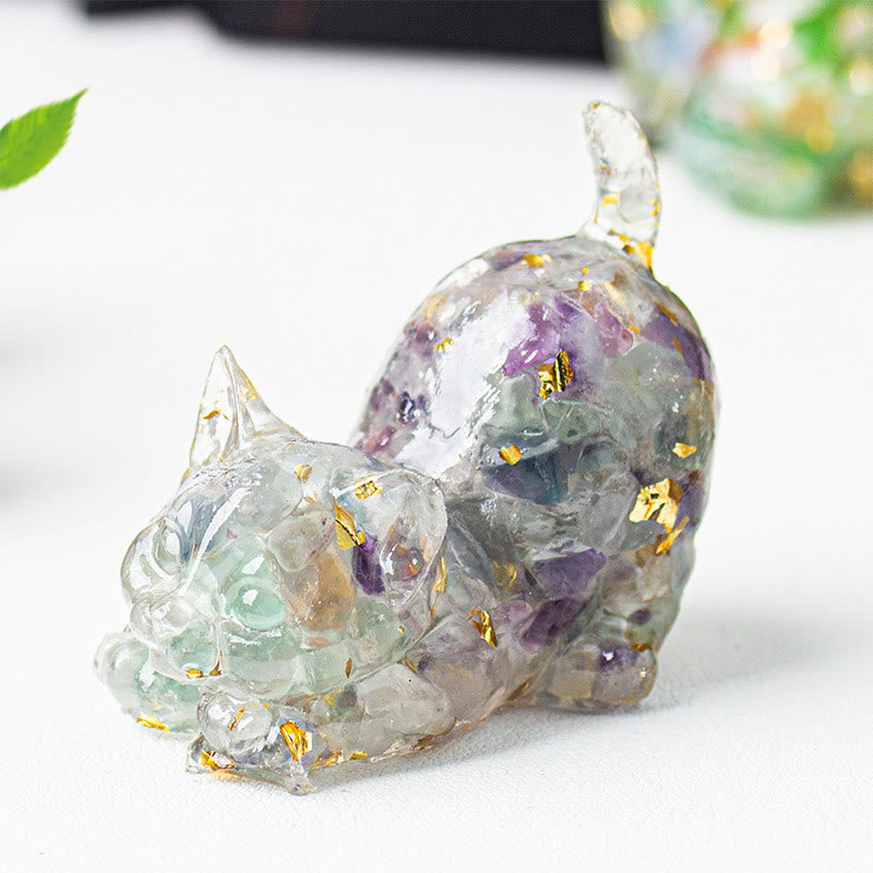 Buddha Stones Décoration de méditation en gravier de cristal et résine représentant un chat qui s'étire - Fluorine - 4,5 x 3 x 4,2 cm - image 28