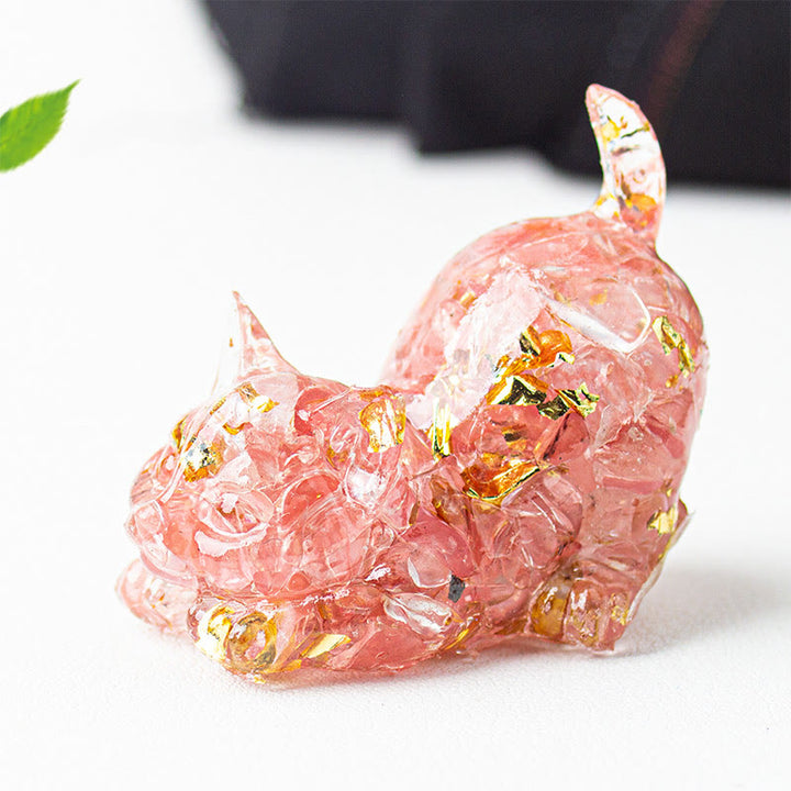 Buddha Stones Décoration de méditation en gravier de cristal et résine représentant un chat qui s'étire - Tourmaline melon d'eau - 4,5 x 3 x 4,2 cm - image 38