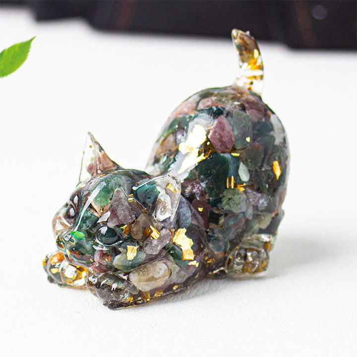 Buddha Stones Décoration de méditation en gravier de cristal et résine représentant un chat qui s'étire - Jaspe marin-sédiment - 4,5 x 3 x 4,2 cm - image 42
