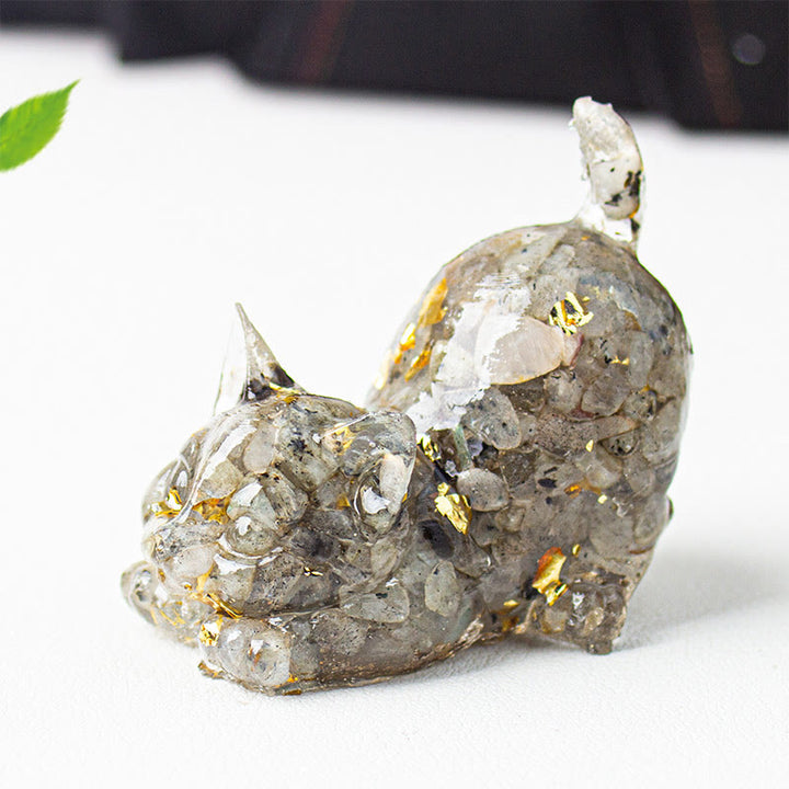 Buddha Stones Décoration de méditation en gravier de cristal et résine représentant un chat qui s'étire - Labradorite - 4,5 x 3 x 4,2 cm - image 45