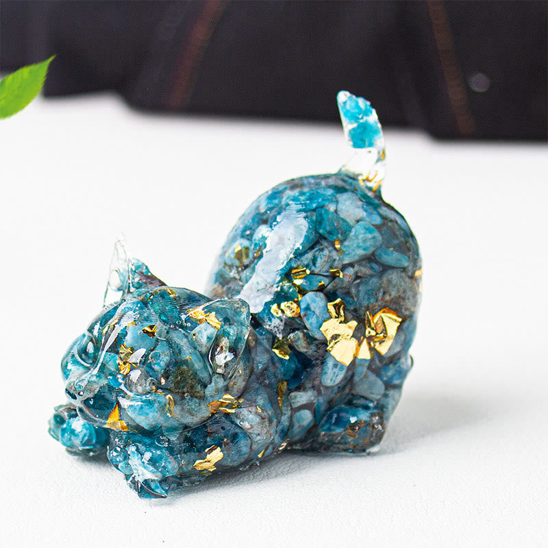 Buddha Stones Décoration de méditation en gravier de cristal et résine représentant un chat qui s'étire - Apatite bleue - 4,5 x 3 x 4,2 cm - image 48